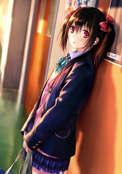 Anime picture 1666x2363 with love live! school idol project sunrise (studio) love live! yazawa nico kazuharu kina single tall image blush fringe short hair open mouth hair between eyes red eyes brown hair standing twintails holding looking away scan shadow