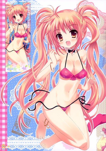 Anime picture 2825x4024 with original tsukishima yuuko single long hair tall image looking at viewer blush highres breasts open mouth light erotic blonde hair twintails brown eyes ahoge :d barefoot untied girl swimsuit