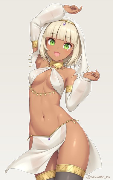 Anime picture 680x1080 with original sasaame single tall image looking at viewer blush fringe short hair breasts open mouth light erotic simple background blonde hair smile standing green eyes signed blunt bangs traditional clothes head tilt