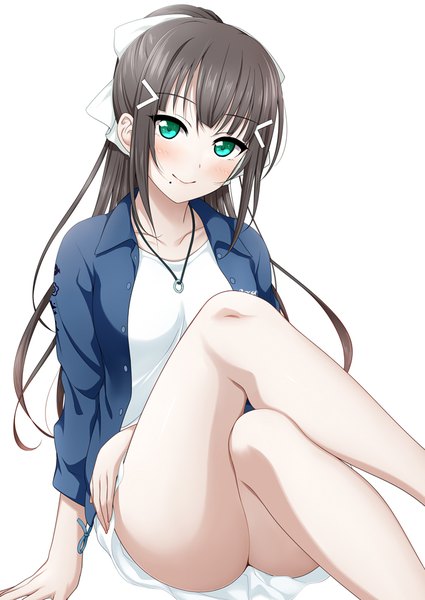 Anime picture 689x973 with love live! sunshine!! sunrise (studio) love live! kurosawa dia suzume miku single long hair tall image looking at viewer blush fringe breasts light erotic black hair simple background white background sitting green eyes payot bent knee (knees)