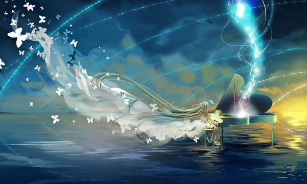 Anime picture 2000x1200 with vocaloid hatsune miku miemia single highres wide image sitting twintails very long hair aqua hair magic girl dress water insect butterfly musical instrument piano