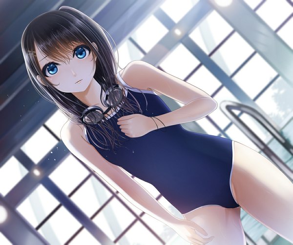 Anime picture 1075x900 with original kentaurosu single long hair looking at viewer blush breasts blue eyes light erotic black hair ponytail lips sunlight dutch angle side ponytail hand on chest flat chest sunbeam girl hair ornament