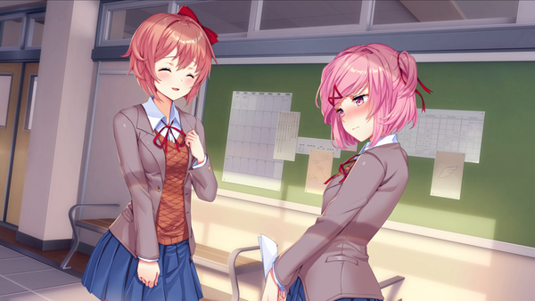 Anime picture 1000x563 with doki doki literature club natsuki (doki doki literature club) sayori (doki doki literature club) satchely blush fringe short hair open mouth smile hair between eyes brown hair wide image standing multiple girls holding looking away pink hair game cg indoors eyes closed
