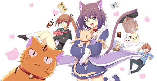Anime picture 900x466 with original mahcdai fringe open mouth simple background smile wide image white background purple eyes multiple girls green eyes animal ears looking away purple hair ahoge bent knee (knees) head tilt arm up cat ears mole