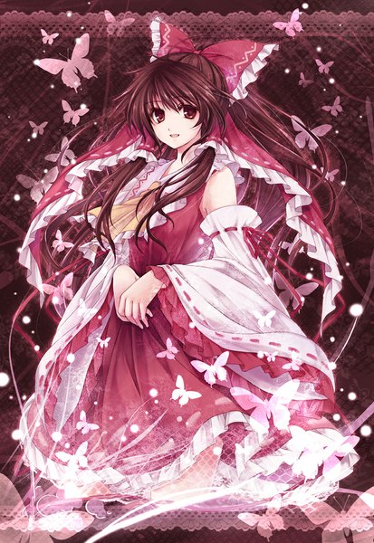 Anime picture 700x1017 with touhou hakurei reimu hagiwara rin single long hair tall image open mouth brown hair brown eyes traditional clothes kneeling happy girl hair ornament bow ribbon (ribbons) hair bow detached sleeves insect butterfly