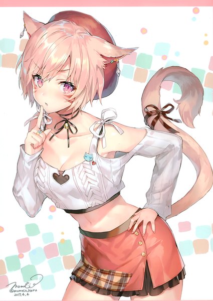 Anime picture 2093x2952 with final fantasy final fantasy xiv square enix miqo'te momoko (momopoco) single tall image looking at viewer blush fringe highres short hair simple background blonde hair hair between eyes standing bare shoulders signed animal ears cleavage