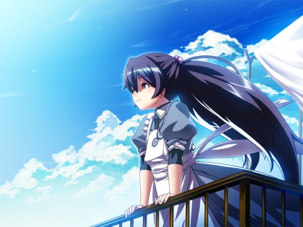 Anime picture 1024x768 with hotel (game) long hair black hair game cg cloud (clouds) black eyes loli girl hair ornament hair bobbles