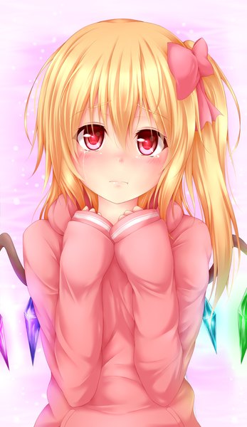 Anime picture 1449x2500 with touhou flandre scarlet akkii (meragold) single tall image looking at viewer blush short hair blonde hair red eyes tears one side up girl bow hair bow wings sweater crystal