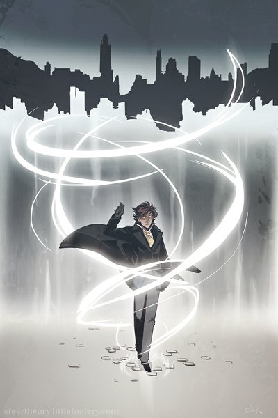 Anime picture 700x1050 with sfeer theory: the uitspan era luca valentino chirart (artist) single tall image short hair brown hair standing wind grey background city magic cityscape boy gloves shirt black gloves necktie building (buildings) pants