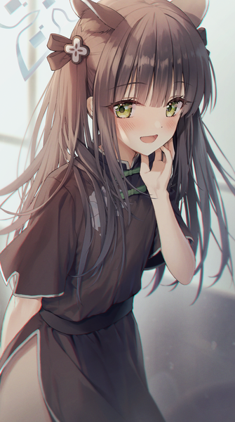 Anime picture 1000x1790 with blue archive shun (blue archive) shun (small) (blue archive) kuro futoshi single long hair tall image blush open mouth brown hair twintails green eyes animal ears :d side slit girl dress black dress halo