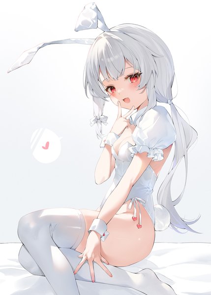 Anime picture 1088x1522 with original hana mori single long hair tall image looking at viewer blush fringe open mouth light erotic simple background smile red eyes white background sitting animal ears payot silver hair bent knee (knees) ass