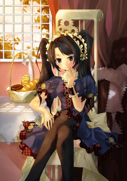 Anime picture 1000x1431 with original lilithbloody long hair tall image blush black hair sitting twintails black eyes crossed legs girl thighhighs dress black thighhighs bread