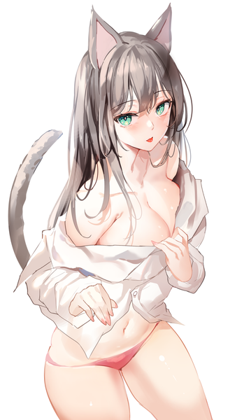 Anime picture 2100x3508 with original zerocat single long hair tall image looking at viewer blush fringe highres breasts light erotic simple background large breasts standing white background bare shoulders green eyes animal ears tail blunt bangs