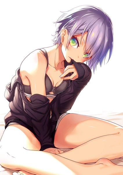 Anime picture 900x1273 with original nilitsu single tall image looking at viewer blush fringe short hair breasts light erotic simple background white background sitting green eyes cleavage silver hair off shoulder bare legs sleeves past wrists between legs