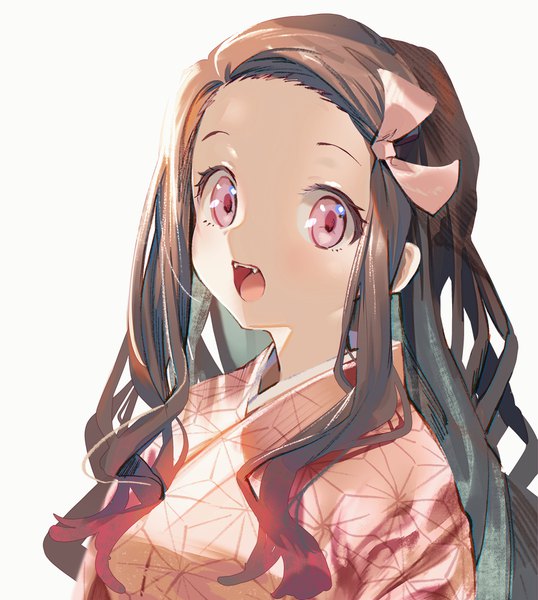 Anime picture 896x1000 with kimetsu no yaiba ufotable kamado nezuko hamurekatsu single long hair tall image looking at viewer open mouth simple background brown hair white background upper body traditional clothes japanese clothes pink eyes fang (fangs) asa no ha (pattern) girl ribbon (ribbons)
