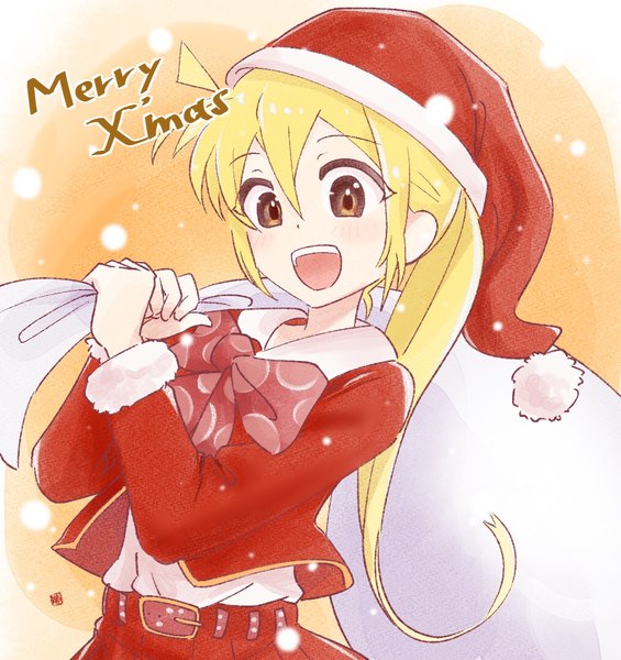 Anime picture 1016x1079 with bocchi the rock! cloverworks ijichi nijika illustratorhide single long hair tall image fringe open mouth blonde hair hair between eyes brown eyes upper body ahoge ponytail :d christmas merry christmas girl hat