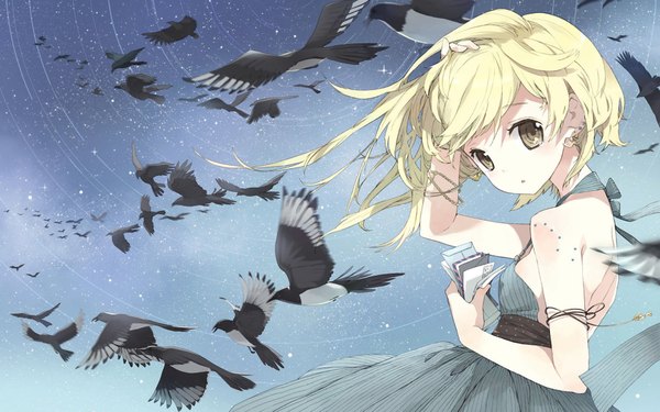 Anime picture 1920x1200 with original tiv looking at viewer highres short hair open mouth blonde hair wide image bare shoulders brown eyes sky girl dress animal bird (birds)