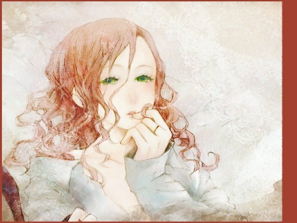 Anime picture 1060x795 with inception ariadne looking at viewer blush brown hair green eyes open clothes open shirt finger to mouth wavy hair girl flower (flowers) ring lace