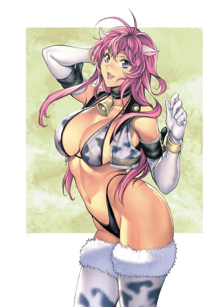 Anime picture 1000x1398 with original homare (fool's art) single long hair tall image looking at viewer breasts open mouth blue eyes light erotic smile animal ears pink hair ahoge animal print cow ears cow print cow girl girl gloves