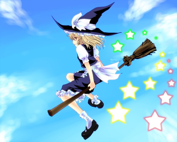 Anime picture 1280x1024 with touhou kirisame marisa kakihara inuhiko single long hair blonde hair yellow eyes sky full body braid (braids) profile flying witch girl skirt star (symbol) witch hat skirt set broom