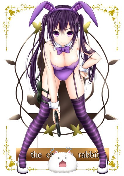 Anime picture 1060x1500 with gochuumon wa usagi desu ka? white fox tedeza rize tippy (gochiusa) oosato haya long hair tall image looking at viewer breasts light erotic black hair simple background smile large breasts white background purple eyes twintails bare shoulders signed animal ears