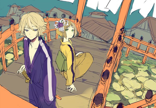 Anime picture 906x630 with tiger & bunny sunrise (studio) ivan karelin pao-lin huang lowe (slow) looking at viewer short hair blonde hair standing sitting purple eyes green eyes traditional clothes japanese clothes sketch girl boy hair ornament weapon sword