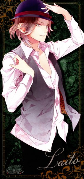 Anime picture 2030x4278 with diabolik lovers idea factory sakamaki raito single tall image looking at viewer highres short hair smile brown hair green eyes inscription partially open clothes vampire boy hat shirt