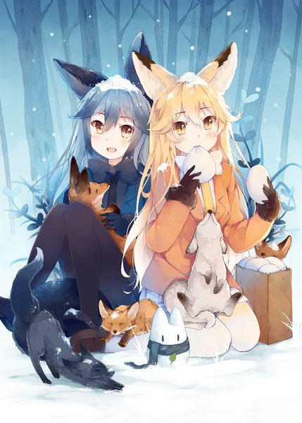 Anime picture 935x1307 with kemono friends ezo red fox (kemono friends) silver fox (kemono friends) lucky beast (kemono friends) ivy1993 long hair tall image looking at viewer blush fringe open mouth blonde hair smile hair between eyes sitting multiple girls holding brown eyes animal ears full body