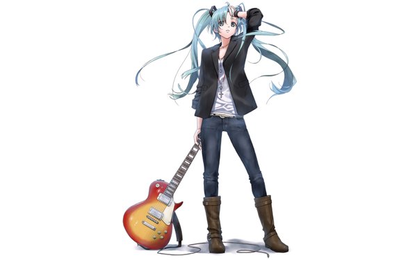 Anime picture 1440x900 with vocaloid hatsune miku nagareboshi wide image white background twintails fashion girl boots musical instrument guitar
