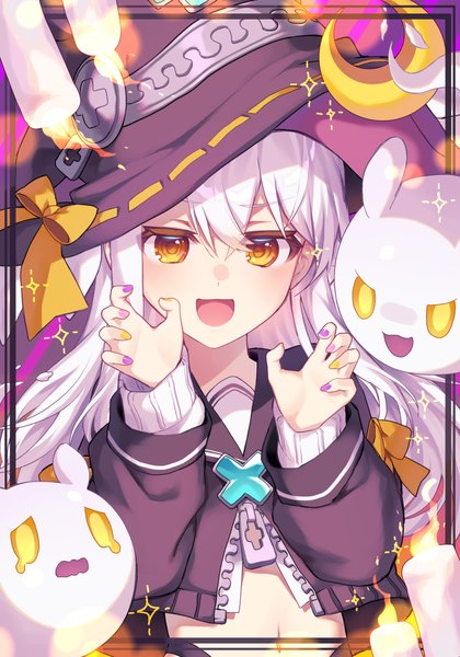 Anime picture 2100x3000 with original kurobikari single long hair tall image looking at viewer fringe highres open mouth hair between eyes yellow eyes silver hair upper body nail polish :d halloween framed ghost multicolored nail polish girl