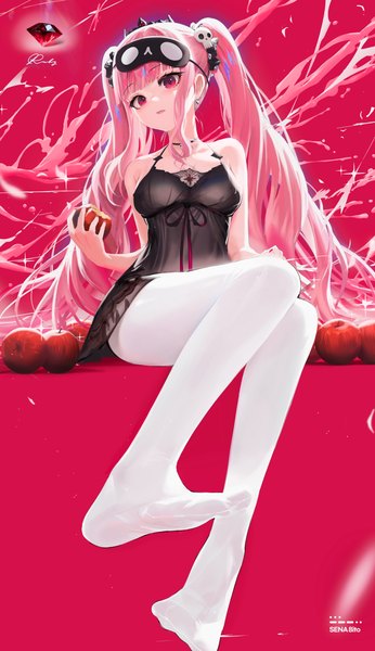 Anime picture 2825x4904 with virtual youtuber hololive hololive english mori calliope mori calliope (6th costume) sena 8ito single long hair tall image looking at viewer blush fringe highres breasts open mouth light erotic simple background red eyes sitting twintails