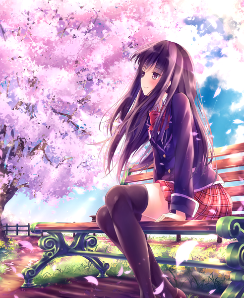 Anime picture 820x1000 with original yasuno (airy light) single long hair tall image blush black hair sitting brown eyes looking away cloud (clouds) zettai ryouiki cherry blossoms girl thighhighs skirt black thighhighs plant (plants) petals tree (trees)