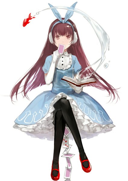 Anime picture 709x1000 with original cotta single long hair tall image looking at viewer blush simple background brown hair white background sitting brown eyes animal ears crossed legs covering girl dress gloves hair ornament animal