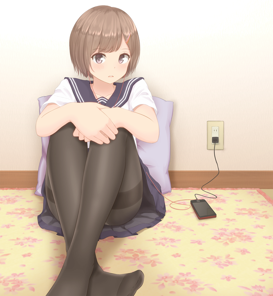 Anime picture 1200x1300 with original minagiku single tall image looking at viewer fringe short hair light erotic brown hair brown eyes bent knee (knees) parted lips pleated skirt no shoes crossed legs floral print girl skirt uniform hair ornament