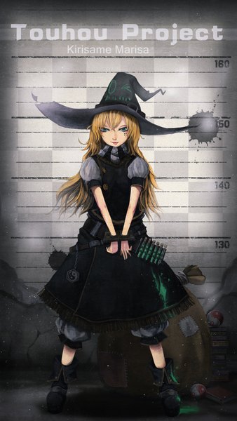 Anime picture 2338x4144 with touhou kirisame marisa gan ma single long hair tall image looking at viewer highres blue eyes blonde hair witch girl dress hat boots scarf witch hat shackles mini-hakkero