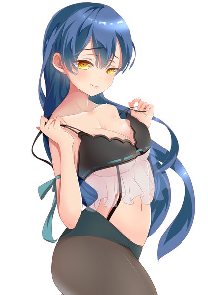 Anime picture 1500x2121 with love live! school idol project sunrise (studio) love live! sonoda umi xinshijie de akalin single long hair tall image looking at viewer breasts light erotic simple background white background yellow eyes blue hair midriff girl navel pantyhose lingerie