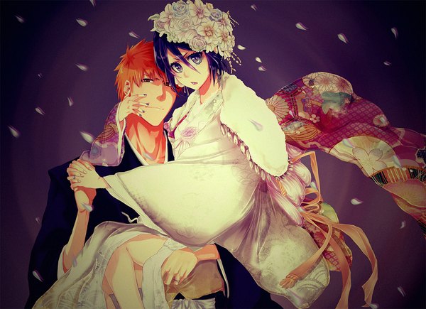 Anime picture 1495x1085 with bleach studio pierrot kurosaki ichigo kuchiki rukia pikeish (artist) looking at viewer short hair open mouth purple eyes holding brown eyes purple hair nail polish traditional clothes japanese clothes wind orange hair couple holding hands hand on face