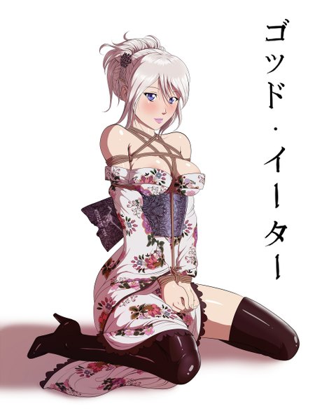 Anime picture 1000x1250 with god eater god eater burst ufotable alisa ilinichina amiella reptileye (artist) single tall image looking at viewer blush short hair light erotic simple background white background purple eyes bare shoulders silver hair traditional clothes japanese clothes bondage girl