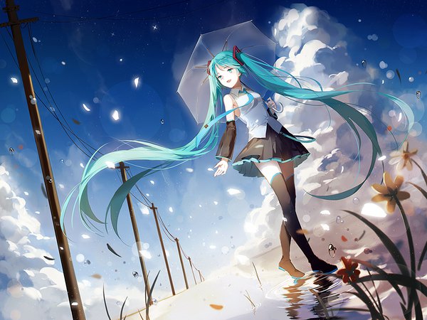 Anime picture 1024x768 with vocaloid hatsune miku aiko (kanl) single long hair fringe open mouth smile standing twintails holding looking away sky cloud (clouds) full body pleated skirt aqua eyes wind aqua hair dutch angle