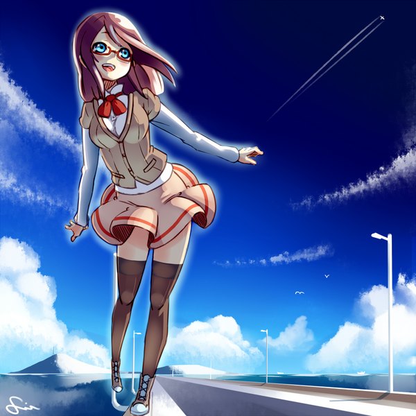 Anime picture 2000x2000 with original dev (dev0614) single blush highres short hair open mouth blue eyes brown hair sky cloud (clouds) spread arms girl thighhighs skirt black thighhighs animal glasses boots sea