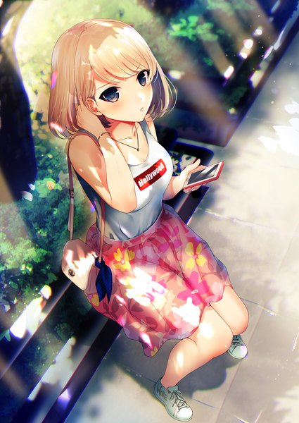 Anime picture 700x989 with original minamihama yoriko single tall image looking at viewer blush fringe short hair breasts blue eyes blonde hair sitting holding full body arm up sunlight bare legs shadow sleeveless floral print
