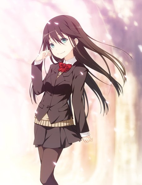 Anime picture 1179x1540 with original byitsupi single long hair tall image looking at viewer blue eyes black hair girl skirt uniform school uniform petals pantyhose bowtie