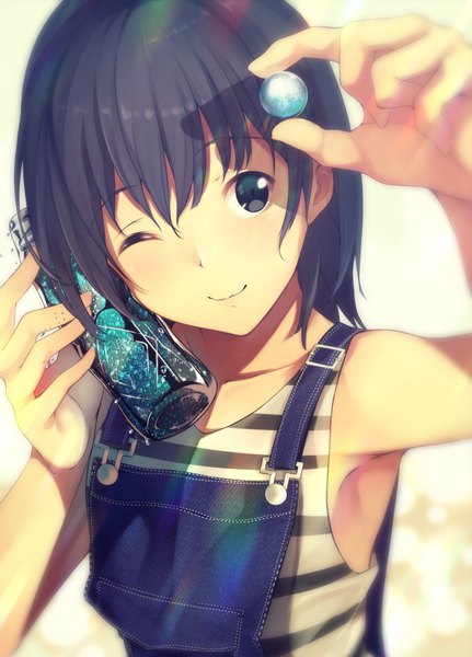 Anime picture 606x844 with original fujiwara mizuki single tall image blush fringe short hair black hair smile hair between eyes holding upper body one eye closed arm up wink black eyes sunlight denim tomboy girl