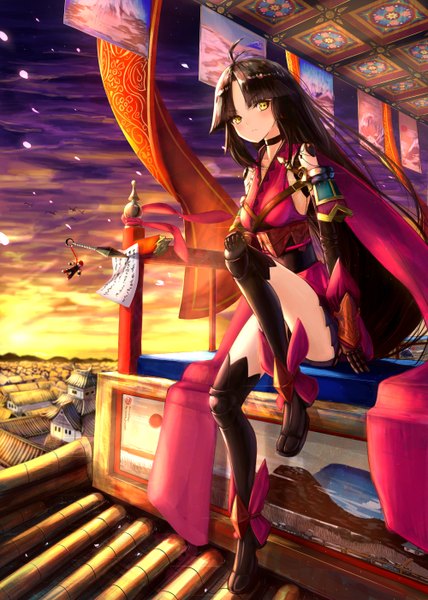 Anime picture 1000x1400 with fate (series) fate/grand order katou danzou (fate) alphatitus single long hair tall image looking at viewer blush fringe breasts black hair sitting yellow eyes sky cloud (clouds) full body ahoge bent knee (knees) outdoors
