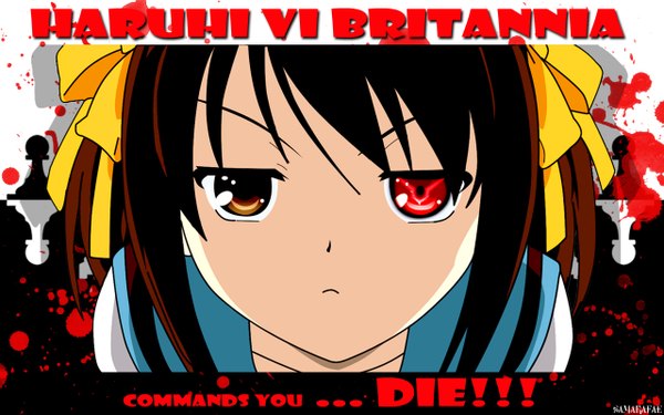 Anime picture 1280x800 with suzumiya haruhi no yuutsu code geass sunrise (studio) kyoto animation suzumiya haruhi wide image crossover girl blood