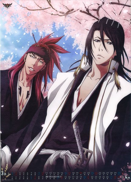 Anime picture 1000x1388 with bleach studio pierrot kuchiki byakuya abarai renji long hair tall image looking at viewer black hair smile standing brown eyes sky red hair japanese clothes scan multiple boys tattoo cherry blossoms shirt lift calendar 2013