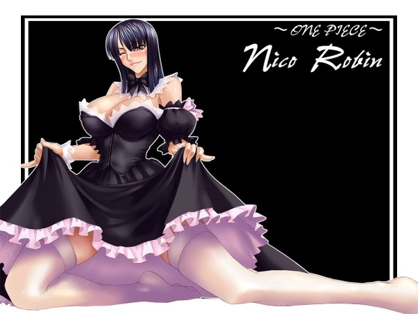 Anime picture 1280x960 with one piece toei animation nico robin kagami blush breasts light erotic black hair smile one eye closed wink maid wallpaper huge breasts thighhighs dress bow