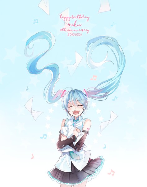 Anime picture 1039x1317 with vocaloid hatsune miku tama (songe) single long hair tall image fringe open mouth hair between eyes standing twintails blue hair ahoge eyes closed wind gradient background dated ^ ^ happy birthday anniversary
