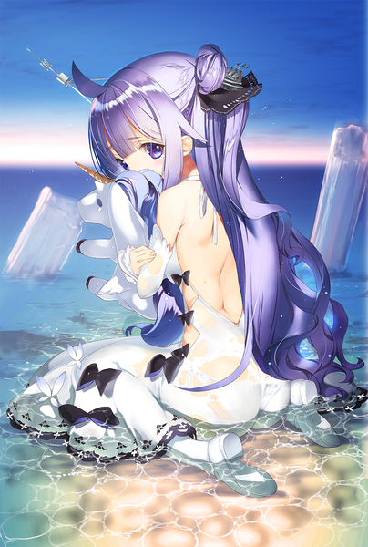 Anime picture 809x1200 with azur lane unicorn (azur lane) nakamura takeshi single long hair tall image looking at viewer blush fringe light erotic sitting purple eyes bare shoulders sky purple hair ahoge outdoors looking back from behind wet