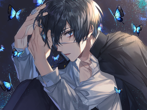 Anime picture 1200x900 with original ailm single fringe short hair blue eyes black hair sitting parted lips open collar clothes on shoulders dust boy uniform school uniform insect butterfly bandage (bandages) eyepatch gakuran